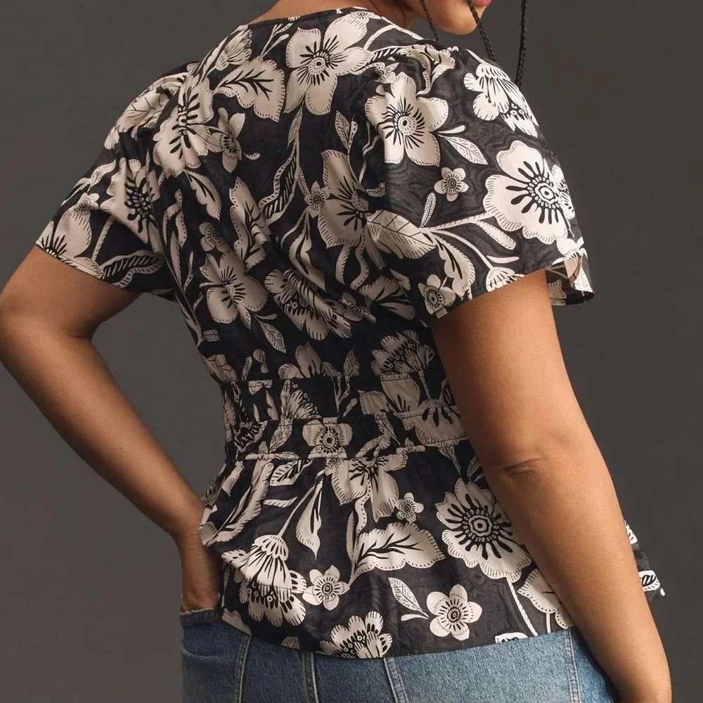 Anthropologie The Somerset Blouse Black & White Floral V-Neck Puff Sleeve Peplum - Picture 8 of 11